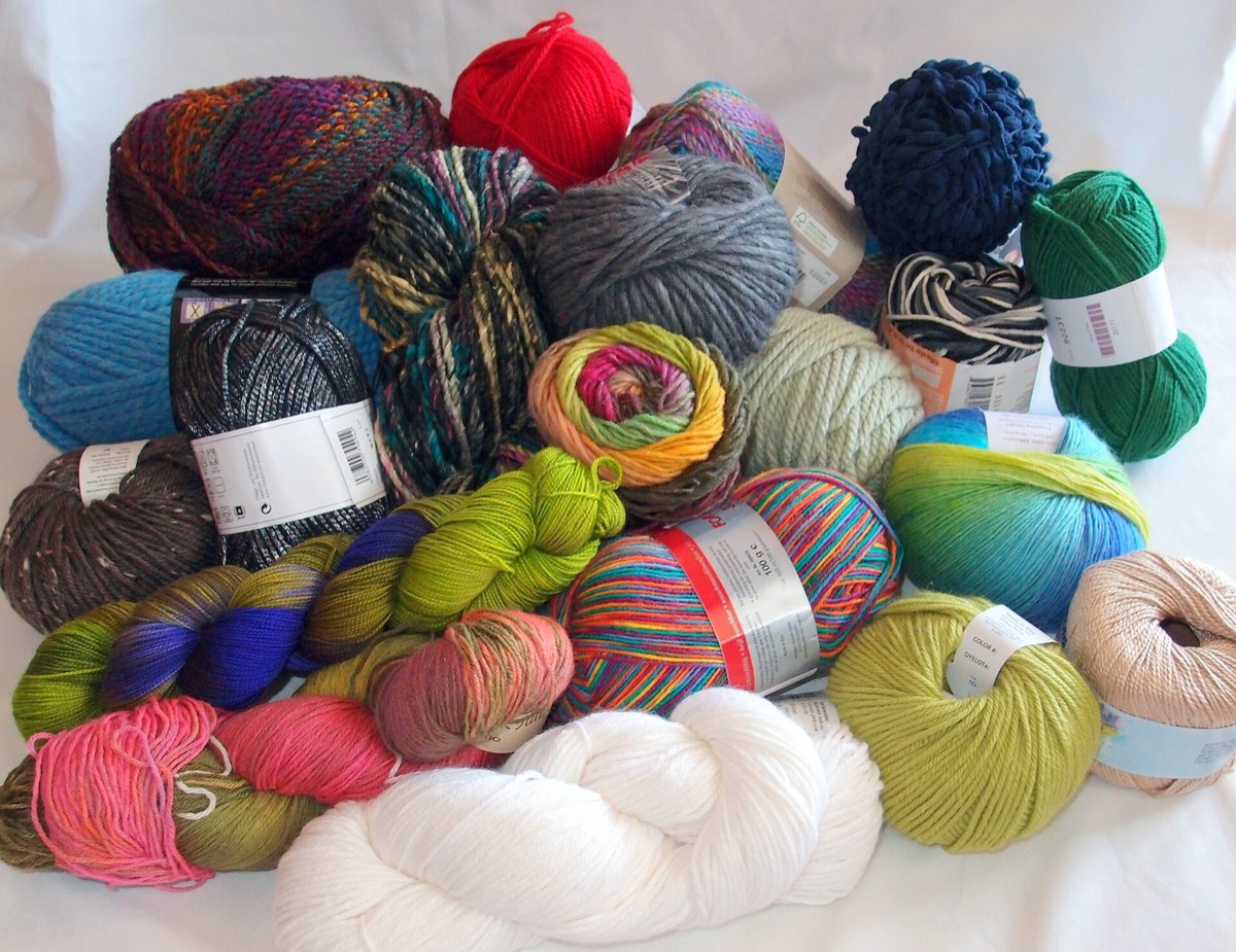 An assortment of yarns in different fibres, weights and put-ups