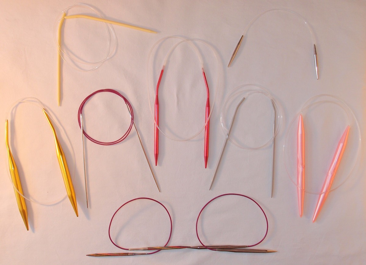 A selection of circular knitting needles in different sizes and finishes