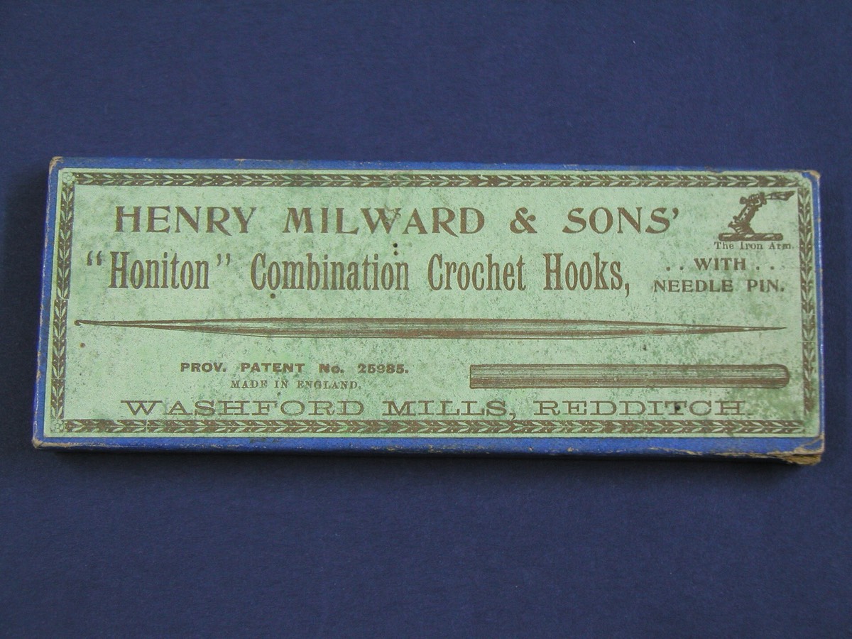 A boxed set of steel crochet hooks