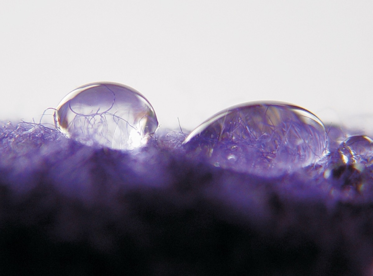 Water droplets beading on a merino wool fabric